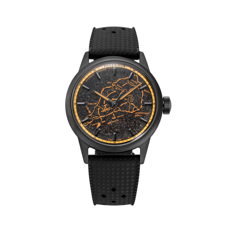 PRAESIDUS VOLC SAND IWO JIMA 80TH ANNIVERSARY OF IWO JIMA BATTLE MAP WATCH BRIGHT ORANGE AND BLACK