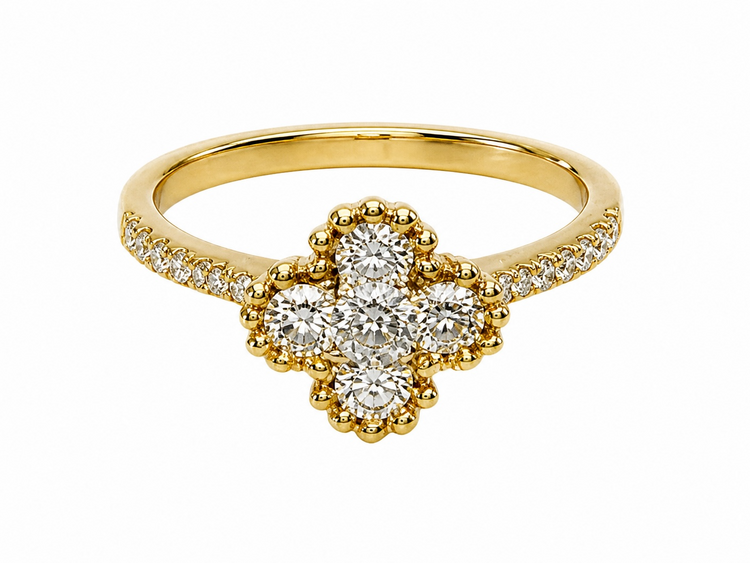 HJ NAMDAR (Y)18KY .58CT DIA BEADED CLOVER SHAPED RING WITH 5 ROUND DIAMONDS (H/SI .58CTW)