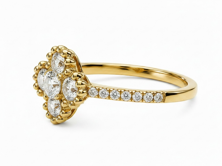 HJ NAMDAR (Y)18KY .58CT DIA BEADED CLOVER SHAPED RING WITH 5 ROUND DIAMONDS (H/SI .58CTW)