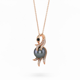 EFFY (Y)14KR 9.5MM .16CTW ”EFFY” TAHITIAN PEARL WITH NATURAL WHITE & BLACK DIAMOND SWAN ON ADJUSTABLE CABLE CHAIN ROSE GOLD
