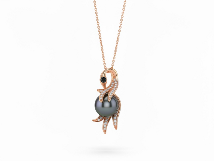 EFFY (Y)14KR 9.5MM .16CTW ”EFFY” TAHITIAN PEARL WITH NATURAL WHITE & BLACK DIAMOND SWAN ON ADJUSTABLE CABLE CHAIN ROSE GOLD