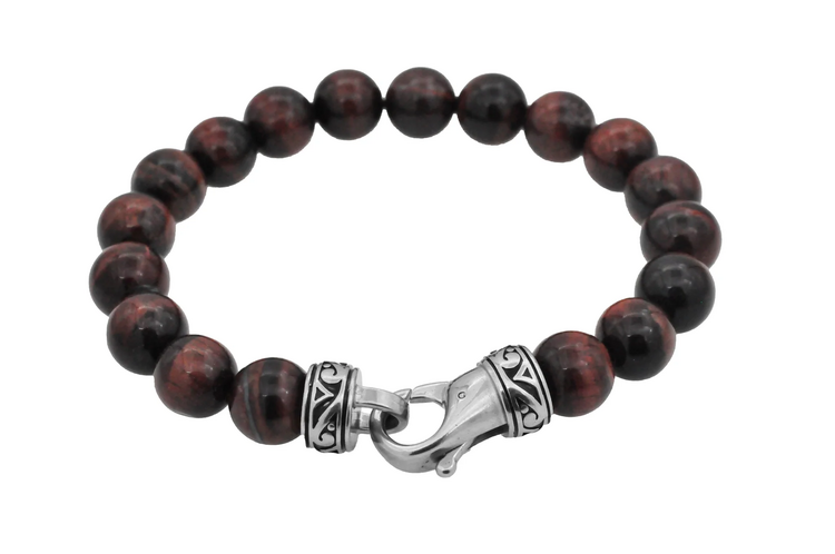 BLACKJACK (Y)BJ RED TIG EYE STAINLESS STEEL RED TIGER EYE BEADED BRACELET
