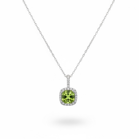 (R) 10K PERIDOT CUSHION CUT .09TDW DIAMOND HALO PENDENT