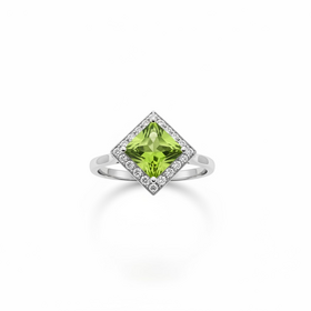 (R)14K 1.14CT PR .08DIA GENUINE PRINCESS CUT PERIDOT AND DIAMOND HALO RING