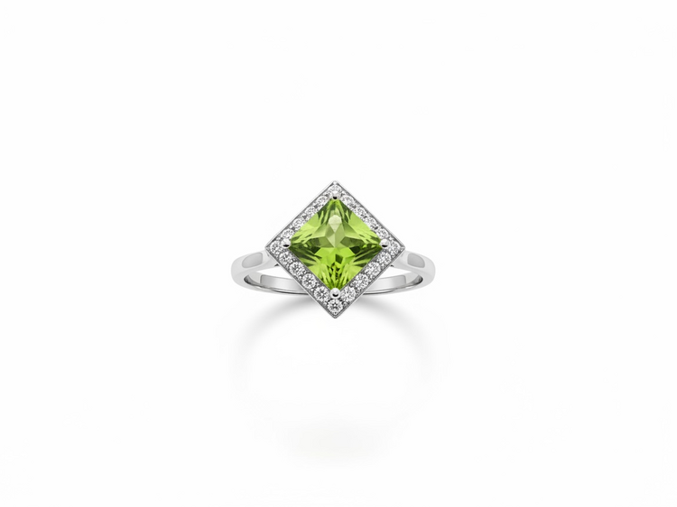 (R)14K 1.14CT PR .08DIA GENUINE PRINCESS CUT PERIDOT AND DIAMOND HALO RING
