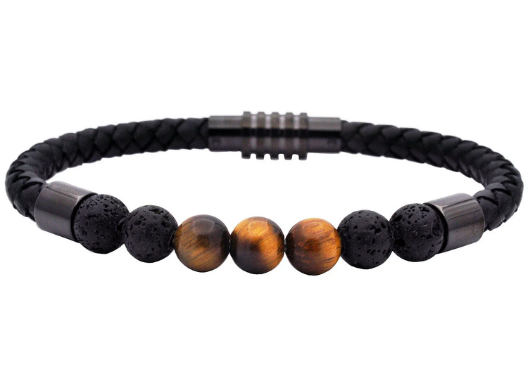 BLACKJACK (Y)LV STONE & TIG EYE LEATHER MENS BRACELET