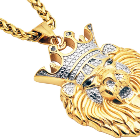 BLACKJACK (Y)18K GP CZ STEEL LION WITH 6 CUBIC ZIRCONIA ON CROWN AND EYES, PLATED IN 18K GOLD