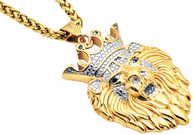 BLACKJACK (Y)18K GP CZ STEEL LION WITH 6 CUBIC ZIRCONIA ON CROWN AND EYES, PLATED IN 18K GOLD