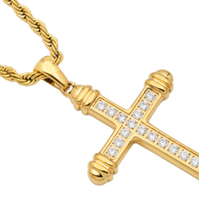 BLACKJACK (R)GOLD STEEL 24” CZ BJ CROSS PENDANT