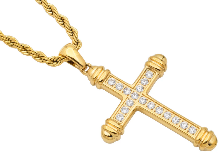 BLACKJACK (R)GOLD STEEL 24” CZ BJ CROSS PENDANT