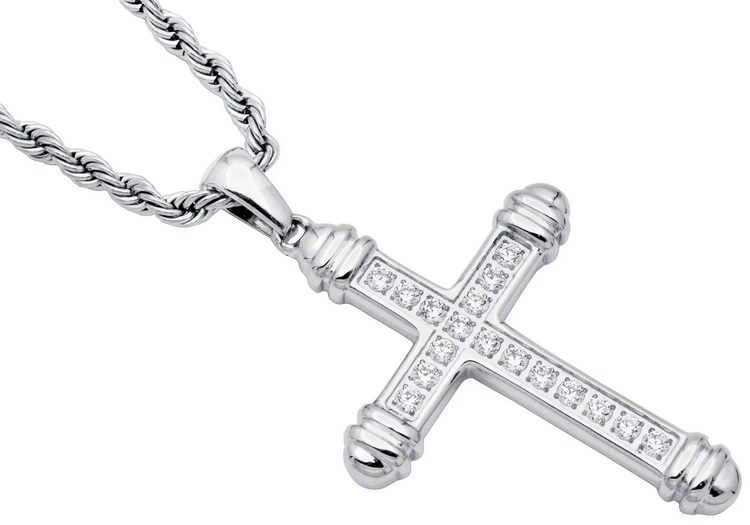 BLACKJACK (Y)BJ CZ STEEL CROSS PENDANT WITH 24” ROPE CHAIN