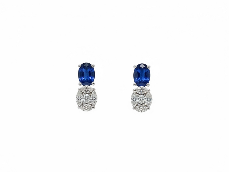 HJ NAMDAR (Y)14K 1.08SP .41DI SAPPHIRE OVAL STUDS IN 14K WHITE GOLD WITH MARQUISE AND PRINCESS CUT DIAMONDS
