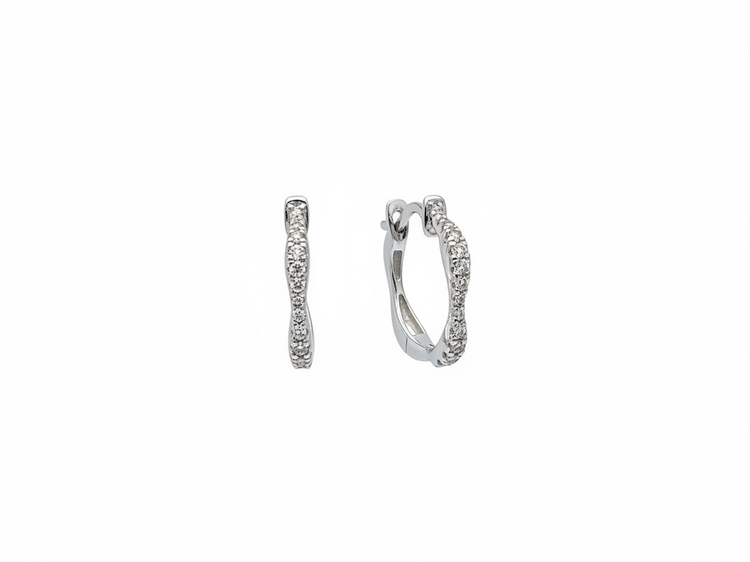 HJ NAMDAR (Y)14K .25DI WAVY WHITE GOLD HOOPS WITH FRONT HALF ENCRUSTED WITH NATURAL DIAMONDS