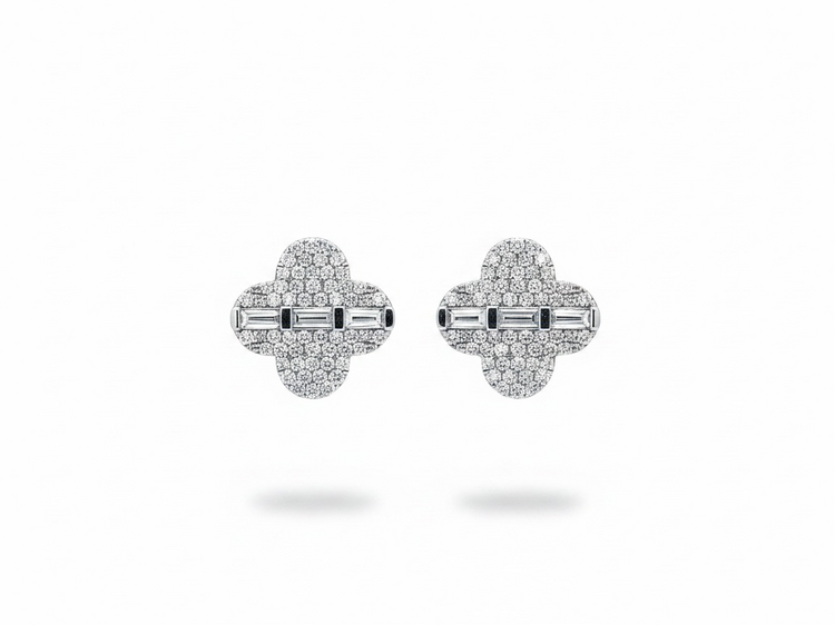 HJ NAMDAR (Y)14K .50DI CLOVER DIAMOND STUDS WITH LINE OF THREE BAGUETTES
