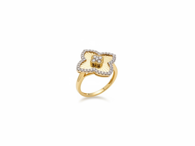 HJ NAMDAR (X)14K .37DI FACETED GOLD RING WITH DIAMOND CLOVER CENTER AND DIAMOND BOARDER