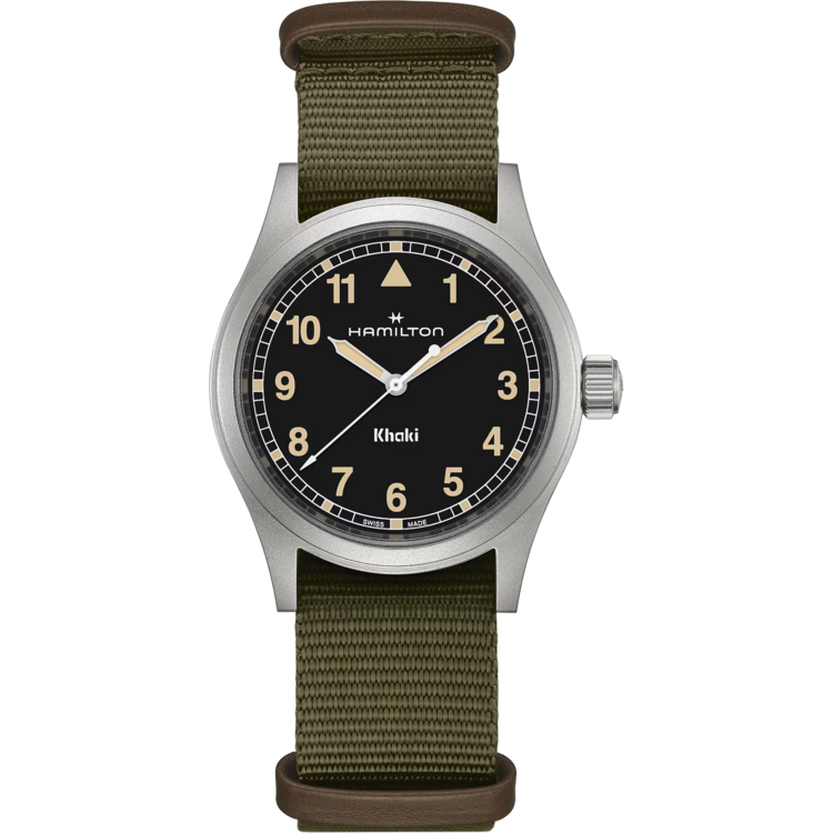 HAMILTON HAMILTON KHAKI FIELD WATCH WITH BLACK DIAL AND GREEN STRAP