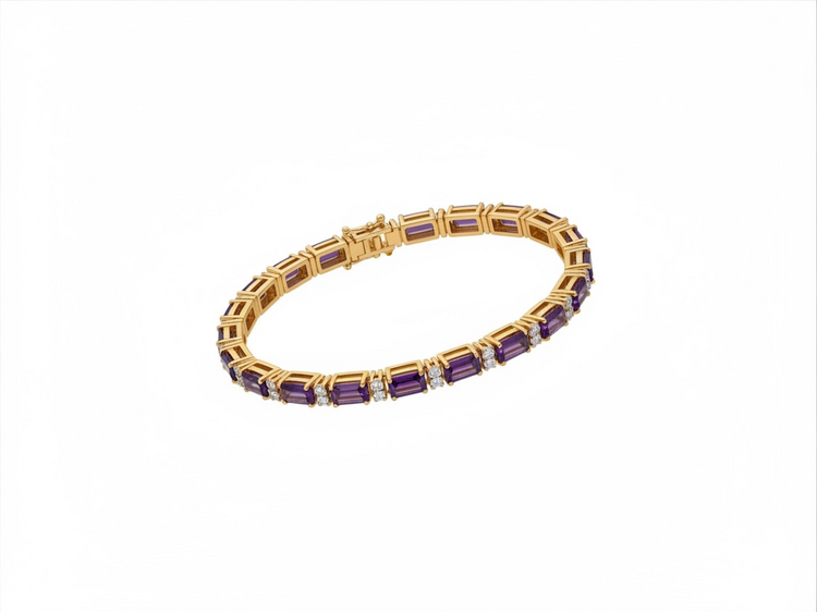 (Z)10K 12AMT .05DI GOLD BRACELET WITH STEP CUT AMETHYSTS AND ROUND DIAMONDS