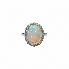 REGO (Y)14K 5.54OP .52DI OVAL WHITE GOLD RING WITH ETHIOPIAN OPAL AND NATURAL DIAMONDS