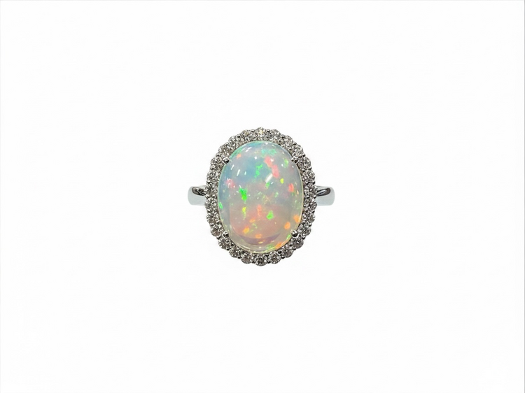 REGO (Y)14K 5.54OP .52DI OVAL WHITE GOLD RING WITH ETHIOPIAN OPAL AND NATURAL DIAMONDS