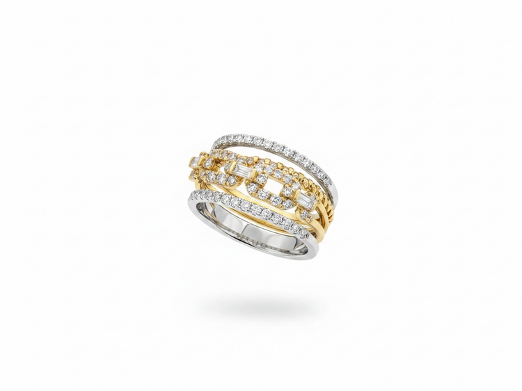 HJ NAMDAR (R)14K .79DI 4 BAND STACKED TWO TONE RING WITH BAGUETTE AND ROUND DIAMONDS