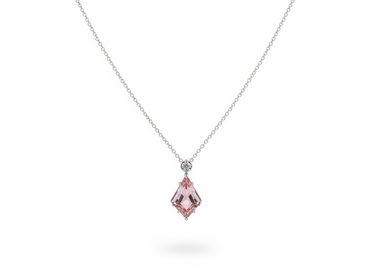 PeJay (Y)14K 2.78TOR .07DI KITE CUT PINK TOURMALINE WITH BEZEL SET DIAMOND ON 14K WHITE GOLD NECKLACE