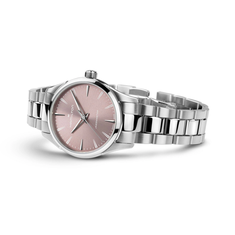 HAMILTON JAZZMASTER QUARTZ 32MM WOMENS HAMILTON WATCH WITH DUSTY ROSE SUNRAY DIAL