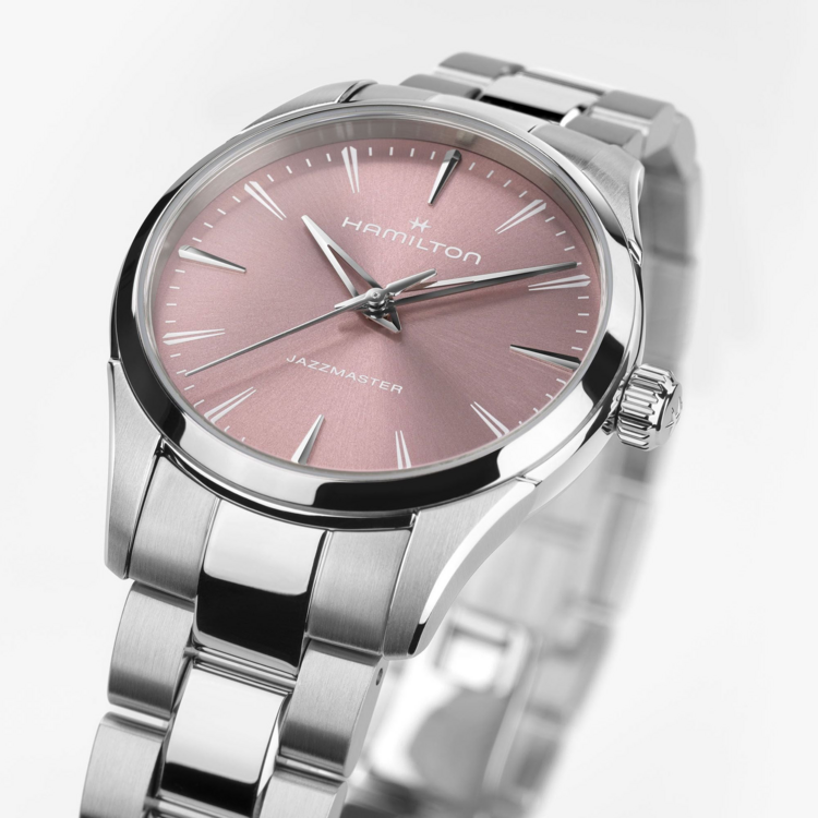 HAMILTON JAZZMASTER QUARTZ 32MM WOMENS HAMILTON WATCH WITH DUSTY ROSE SUNRAY DIAL