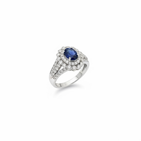 (Z)14KW 1.08 SA 1.0 DI OVAL CUT 1.08CT SAPPHIRE DOUBLE HALO MULTI ROW OPEN BAND 1.0CTW NATURAL DIAMOND WHITE GOLD RING