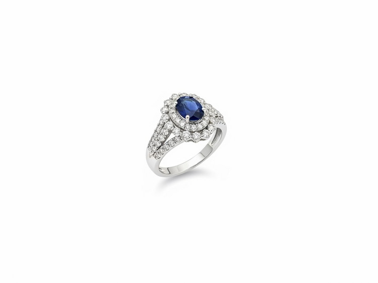 (Z)14KW 1.08 SA 1.0 DI OVAL CUT 1.08CT SAPPHIRE DOUBLE HALO MULTI ROW OPEN BAND 1.0CTW NATURAL DIAMOND WHITE GOLD RING