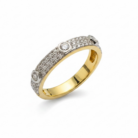 HJ NAMDAR (Y)14K .39DI PAVE OF DIAMONDS WITH THREE BEZEL SET ROUND DIAMONDS EMBEDDED IN 14K YELLOW GOLD BAND