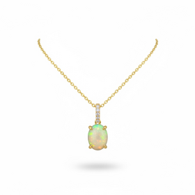 (R)14K 1.1OP .05DI OPAL PENDANT WITH NATURAL DIAMONDS ON 14K GOLD ROLO ADJUSTABLE 16”-18” CHAIN