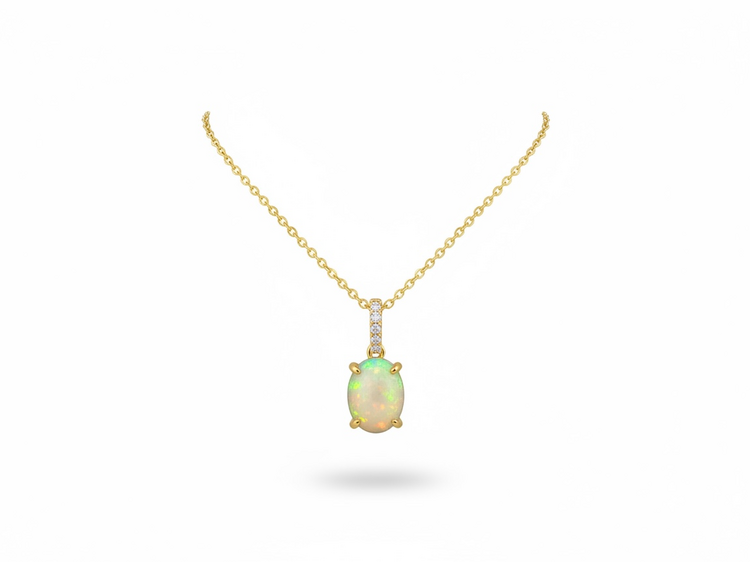 (R)14K 1.1OP .05DI OPAL PENDANT WITH NATURAL DIAMONDS ON 14K GOLD ROLO ADJUSTABLE 16”-18” CHAIN