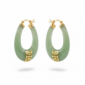 (R)14K “LONGEVITY” JADE OVAL HOOPS WITH GOLDEN CHINESE CHARACTER ON SIDE