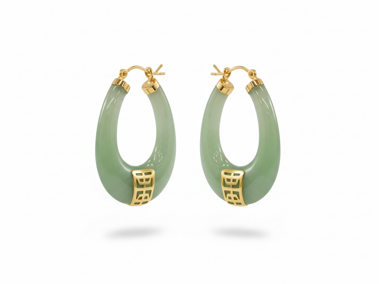 (R)14K “LONGEVITY” JADE OVAL HOOPS WITH GOLDEN CHINESE CHARACTER ON SIDE