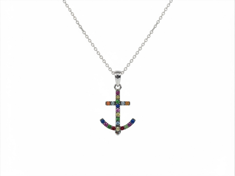 DIAMOND TRADERS INTERNATIONAL (Y)925 .20SAPH MULTI COLORED SAPPHIRE ANCHOR NECKLACE IN STERLING SILVER