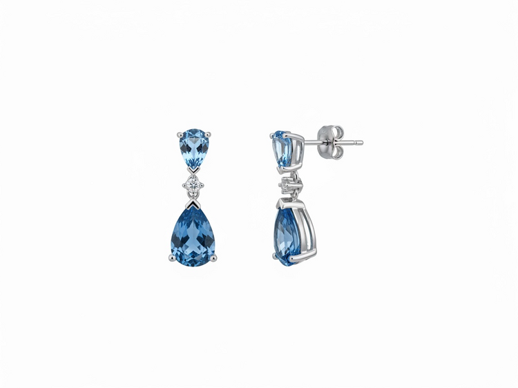 (Y) 14KW BT 4.0CT PEAR .02CT DIAMOND & BLUE TOPAZ 4 PEAR DANGLE WHITE GOLD EARRINGS