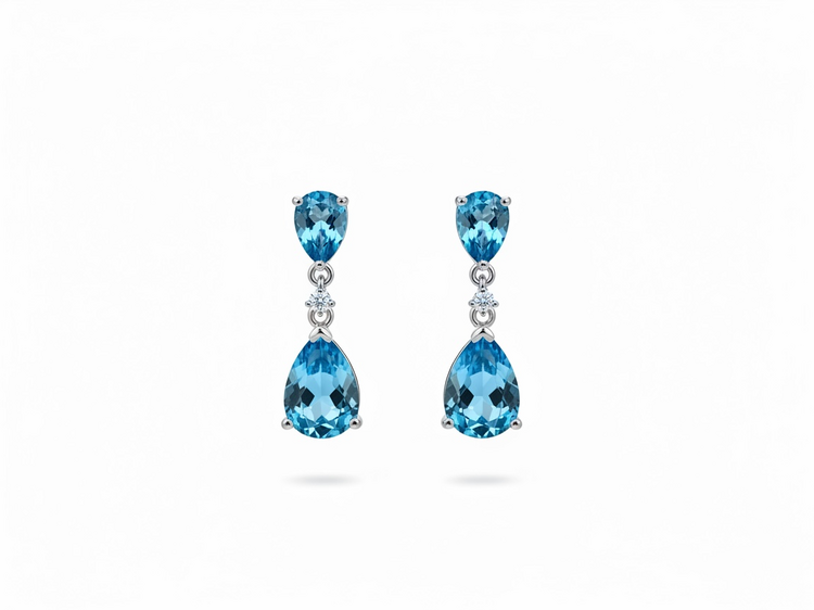 (Y) 14KW BT 4.0CT PEAR .02CT DIAMOND & BLUE TOPAZ 4 PEAR DANGLE WHITE GOLD EARRINGS