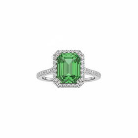 (R)14K 2.38TSV .35DI  NATURAL TSAVORITE STEP CUT IN WHITE GOLD WITH NATURAL DIAMONDS WITH HALO
