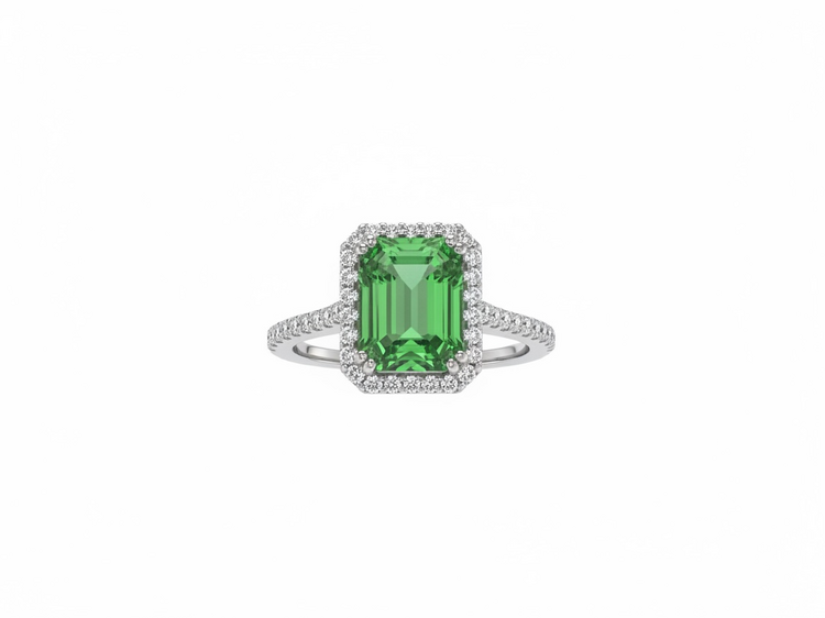 (R)14K 2.38TSV .35DI  NATURAL TSAVORITE STEP CUT IN WHITE GOLD WITH NATURAL DIAMONDS WITH HALO