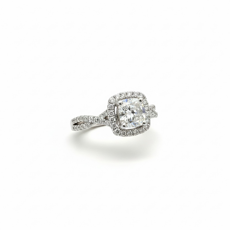 (Y)14K .68CN .35MNT VS2 I COLOR NATURAL DIAMOND ENGAGEMENT RING WITH ROUND DIAMOND AND SQUARE HALO