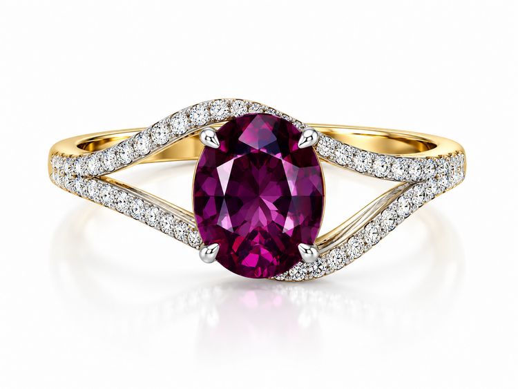 M(Z)14K 2.50GG .30DI , YELLOW GOLD RING, 14K, CENTER GEMSTONE GRAPE GARNET, NATURAL DIAMOND ON THE SETTING