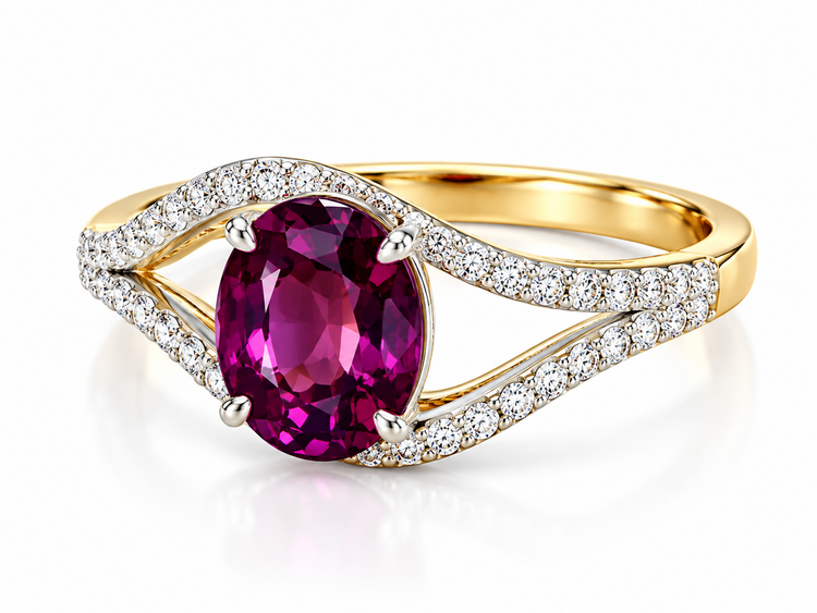 M(Z)14K 2.50GG .30DI , YELLOW GOLD RING, 14K, CENTER GEMSTONE GRAPE GARNET, NATURAL DIAMOND ON THE SETTING