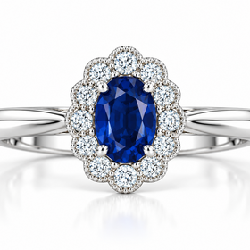 PRIMA NY (Z)14K .53SAP .18DIA , WHITE GOLD RING, NATURAL SAPPHIRE CENTER, NATURAL DIAMOND HALO