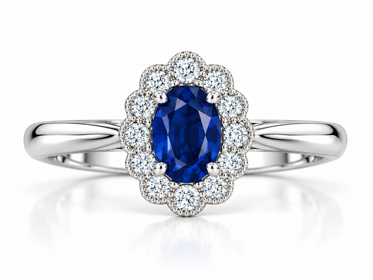 PRIMA NY (Z)14K .53SAP .18DIA , WHITE GOLD RING, NATURAL SAPPHIRE CENTER, NATURAL DIAMOND HALO