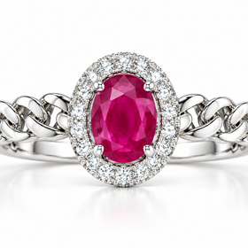 PRIMA NY (Z) 14K .54RU .14DIA , WHITE GOLD LADIES RING, CUBAN LINK SHANK, RUBY CENTER, NATURAL DIAMONDS MOUNTING VS2 F