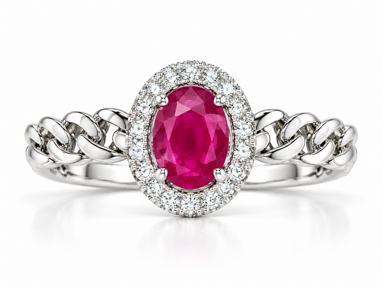 PRIMA NY (Z) 14K .54RU .14DIA , WHITE GOLD LADIES RING, CUBAN LINK SHANK, RUBY CENTER, NATURAL DIAMONDS MOUNTING VS2 F