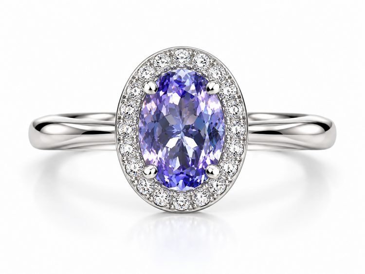 PRIMA NY (Z)14K .76TAN .10DIA , WHITE GOLD HALO RING, TANZANITE CENTER, NATURAL VS2 F DIAMONDS SETTING