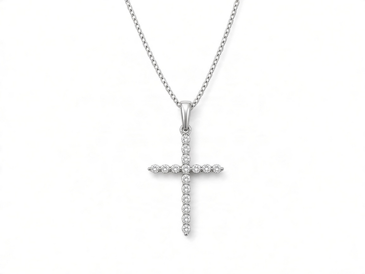 (Y) 14KW .09TW DIA CROSS PENDANT WITH 16 NATURAL DIAMONDS ON 18” .5MM CARDED CURB CHAIN