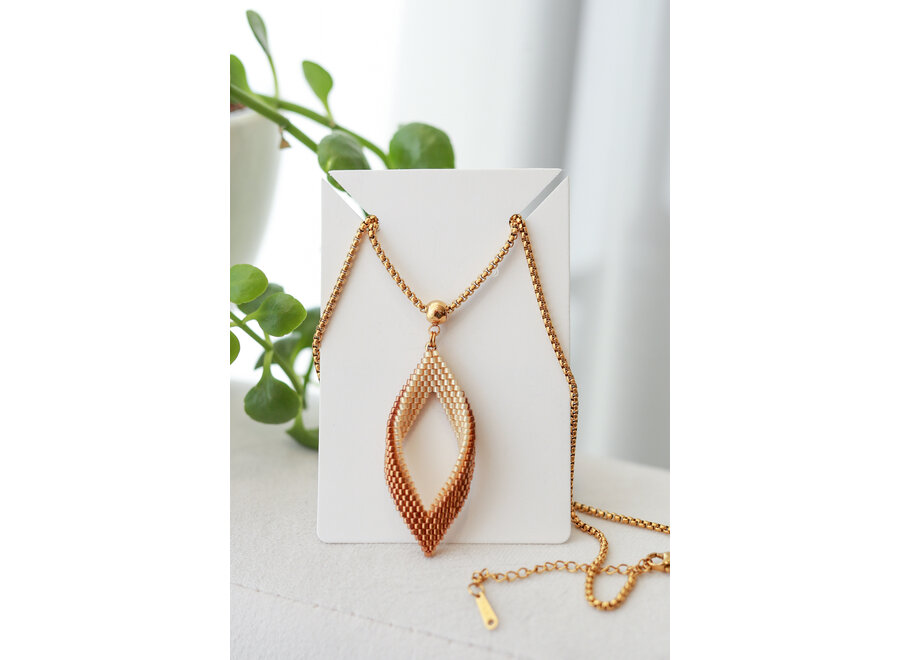 Leaf Shaped Brass & Beige Necklace