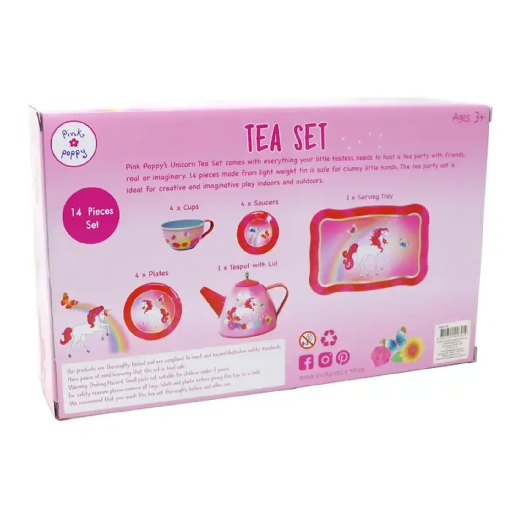 Pink Poppy Unicorn Butterfly 14 piece Tin Tea Set